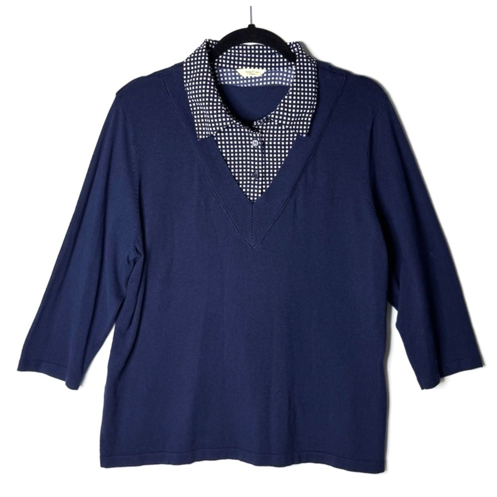 Brina & Em Sweater Sz L Navy Layered Look 3/4 Sleeve Career Casual Preppy READ